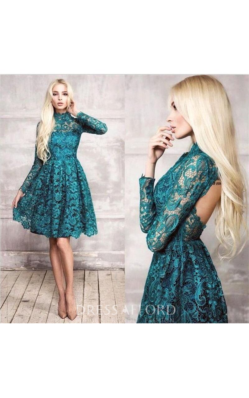 high neck long sleeve knee length dress