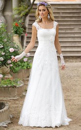 Cap-sleeve A-line Floor-length Wedding Dress With Flower And Appliques
