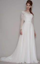 Bateau Illusion Long Sleeve Lace Appliqued Wedding Dress With Sweep Train