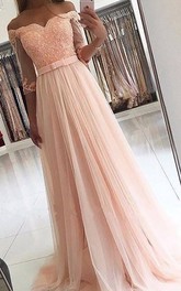 Off-the-shoulder Lace Tulle Long Sleeve Sweep Brush Train Appliques Beading Dress