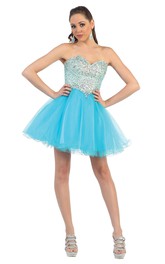 A-Line Backless Tulle Jeweled Short Mini Strapless Sweetheart Sleeveless Dress