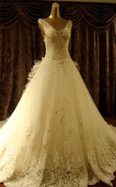 V-neck Lace Tulle  Sleeveless Wedding Dress