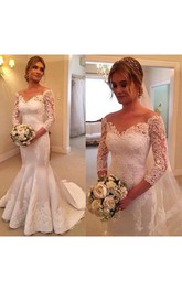 Fishtail Long-Sleeve Pleated Off-The-Shoulder Lace Gown