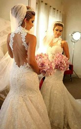 Bridal Lace Appliqued Long Train High-Neckline Newest Dress