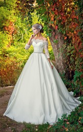 Wedding Lace Bodice Jeweled Waist A-Line Off-The-Shoulder Dress
