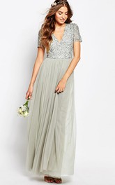 A-Line V-Neck Floor-Length Beaded Short-Sleeve Bridesmaid Dress With Pleats