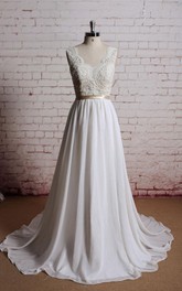 Bridal Champagne Lining Of The Top Floor-Length V-Neckline Gown