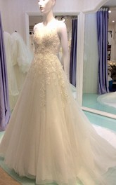 Jeweled Tulle V-Neckline Sleeveless A-Line Lace Dress
