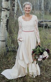 Scalloped Long Sleeve Lace And Satin Elegant Sheath Wedding Dress