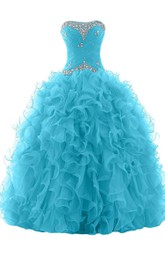 Strapless Criss-cross ruched Quinceanera Dress With Ruffles And Beading
