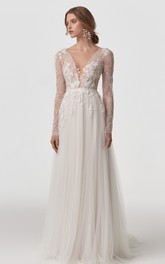 Bohemian Long Sleeve A Line Lace Tulle V-neck Wedding Dress with Appliques and V Back