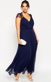 Cap-sleeve V-neck Ankle-length Chiffon Dress With Lace