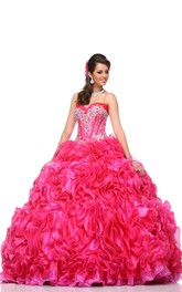 Organza Removable Cap Crystal-Bodice Cascading Ruffled Strapless Sweetheart Ball Gown
