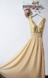 Plunged Sleeveless Chiffon Dress With Sequined top