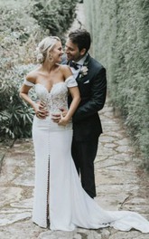 Sexy Off-the-shoulder Sweetheart Split Front Satin Wedding Dress With Lace And Button Details