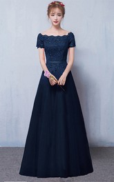 Off-the-shoulder Satin Lace Floor-length Formal Dress With Appliques