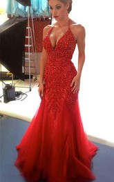 Sexy Beadings Tulle Mermaid Red Evening Dress Spaghetti Strap