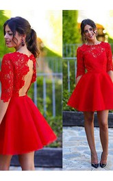 Half Sleeve A-line Short Mini Jewel Scalloped Lace Ruching Satin Lace Homecoming Dress