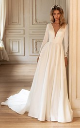 Sexy Long Sleeved A Line Satin Wedding Gown with Ruching