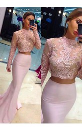 High Neck Satin Lace Long Sleeve Sweep Brush Train Appliques Beading  Dress