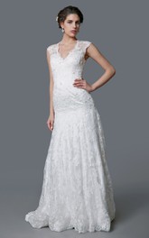 V-neck Cap-sleeve Mermaid Wedding Dress With Illusion back And Court Train