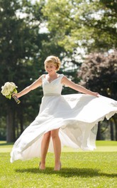 casual V-neck Sleeveless Ruched Chiffon Wedding Dress With Jeweled Waist