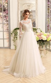 Illusion-Sleeve Appliqued Pleats Floor-Length A-Line Tulle Gown