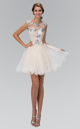 A-Line Sequined Lace Short Mini Cap-Sleeve Scoop-Neck Tulle Dress