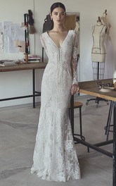 Sexy Bohemian Illusion Long Sleeve Lace Mermaid Bridal Gown With Plunging