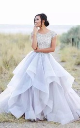 Adorable Country Style Organza Scoop-neck Ruffled Cap-sleeve Ball Gown Wedding Dress with Lace