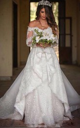 Off-the-shoulder Lace Illusion Long Sleeve Wedding Gown