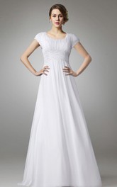 square-neck Cap-sleeve Chiffon A-line Dress With Ruching And Appliques