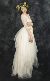 Lace Bow Draping Short-Sleeve Tulle Vintage V-Neckline Dress