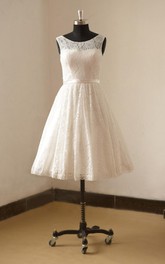 Lace Satin Ribbon Sleeveless Bateau-Neckline Dress