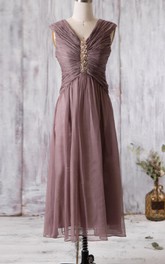 V-neck Sleeveless Ruched Tea-length Bridesmaid Dress With Ruching And Beading