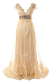 A-line Floor-length V-neck Cap Short Sleeve Lace Dress with Beading