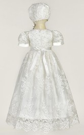 Pearls Appliqued Puff Sleeve Christening Gown With Lace