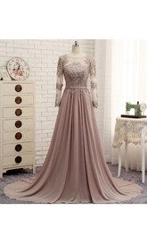 Long-Sleeved Chiffon Scoop-Neckline A-Line Appliqued Dress