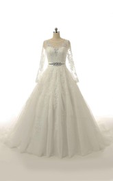 Scoop-neck Beaded Illusion Long Sleeve Ball Gown Wedding Dress With Court Train
