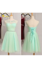 Short A-Line Tulle Sweetheart Illusion Ruched Bodice 