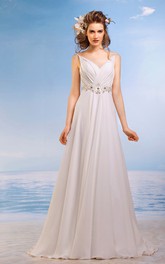 Sleeveless Waist Jewellery Long A-Line Chiffon Dress