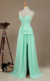 Sweetheart Chiffon Front-split Ruched Bridesmaid Dress With Sweep Train 