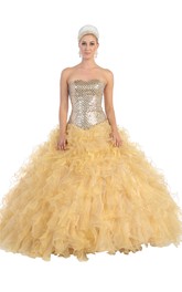 Full-Length Jeweled Ruffles Strapless Organza Lace-Up-Back Ball Gown