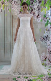 A-Line Illusion Inspire Cap-Sleeve Lace High-Neckline Gown
