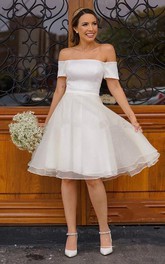 Off-the-shoulder Strapless Satin Organza Sleeveless Knee-length Wedding Dress