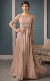 Scoop-neck Half Sleeve Lace Jersey Mother of the Bride Dress With Embellished Waist