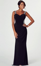 Strapped Criss cross Jersey long Prom Dress With Beading And side draping