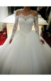 Off-the-shoulder Lace Tulle Illusion Long Sleeve Wedding Dress