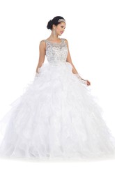 Scoop-Neck Ruffled Jeweled Sleeveless Organza Lace-Up-Back Ball Gown