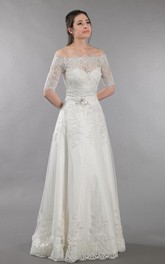 Off-the-shoulder Half Sleeve Lace A-line Wedding Dress With Appliques